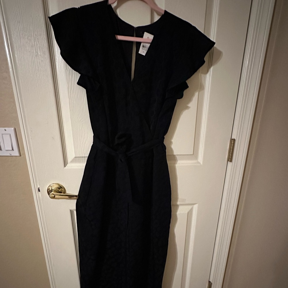 Ann Taylor Velvet Cheetah Print Black Jumpsuit size 14 inseam 28
